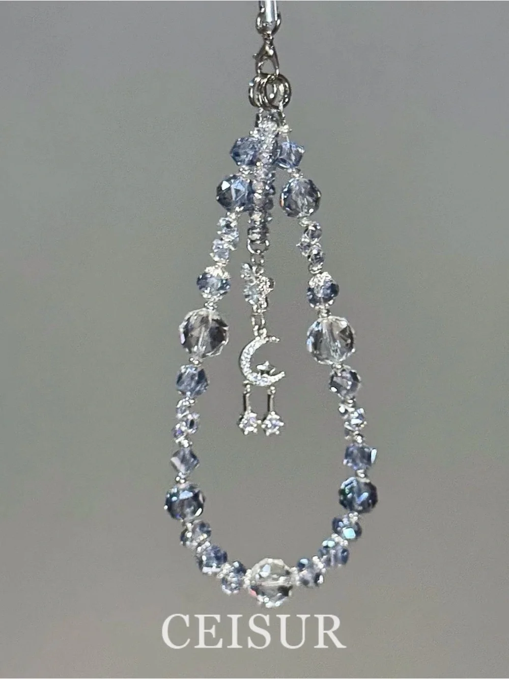 Crystal Moon Star Phone Charm Strap | Pale Blue | Silver | Celestial | Coquette
